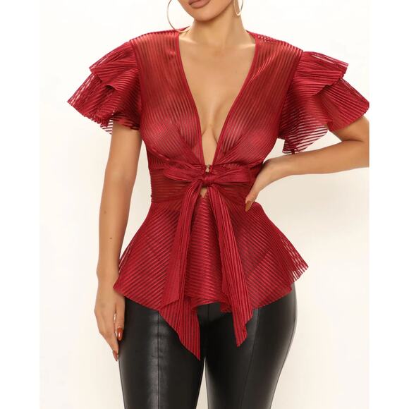 Burgundy Ribbed Plunge Ruffle Sleeve Tie Waist Top – Size Medium - Picture 1 of 5